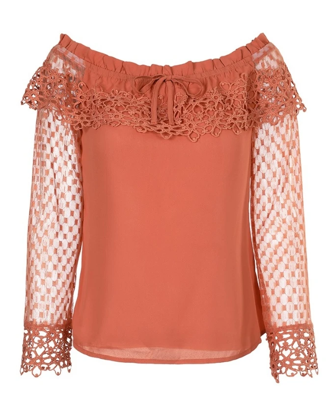 Women's Blouse Daily Casual Fashion Solid Off Shoulder Guipure Lace Frill Hem Drawstring Mesh Long Sleeve Straight Top