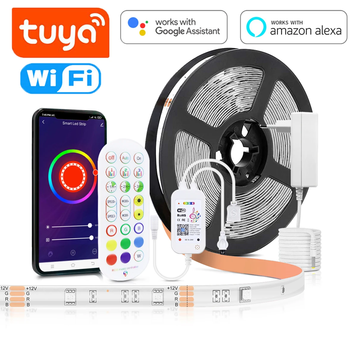 5M 10M 15M 20M Wifi/Bluetooth RGB Led Tape Tuya Smart Life Smart Light Strip Voice APP Control work with Alexa Google Assistant