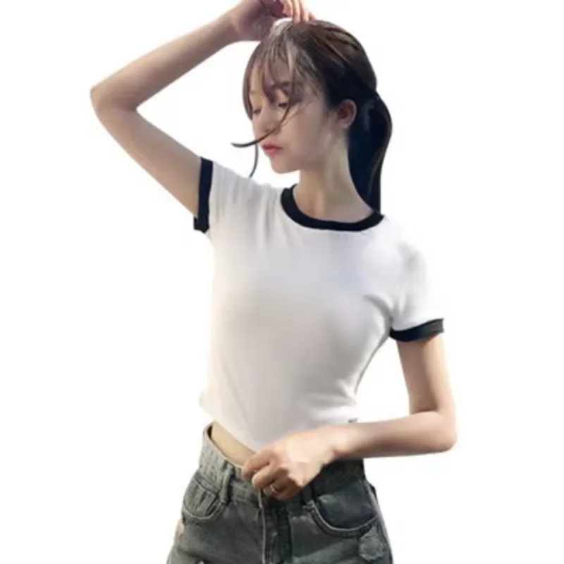 تي شيرت نسائي قصير الأكمام صيفي قصير النسخة الكورية