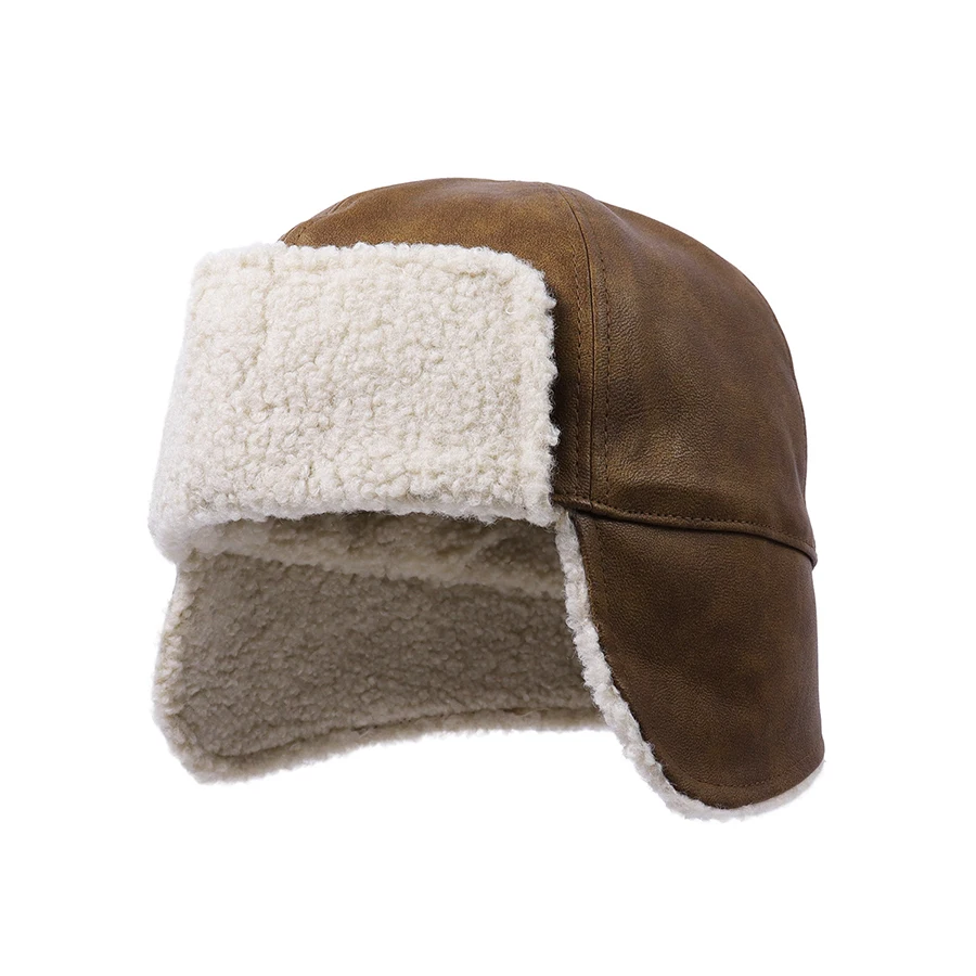 Bomber Hat Men Earflap Cap Fuax Leather Lining Winter Warm Accessory For Outdoor Hiking Sports Climb