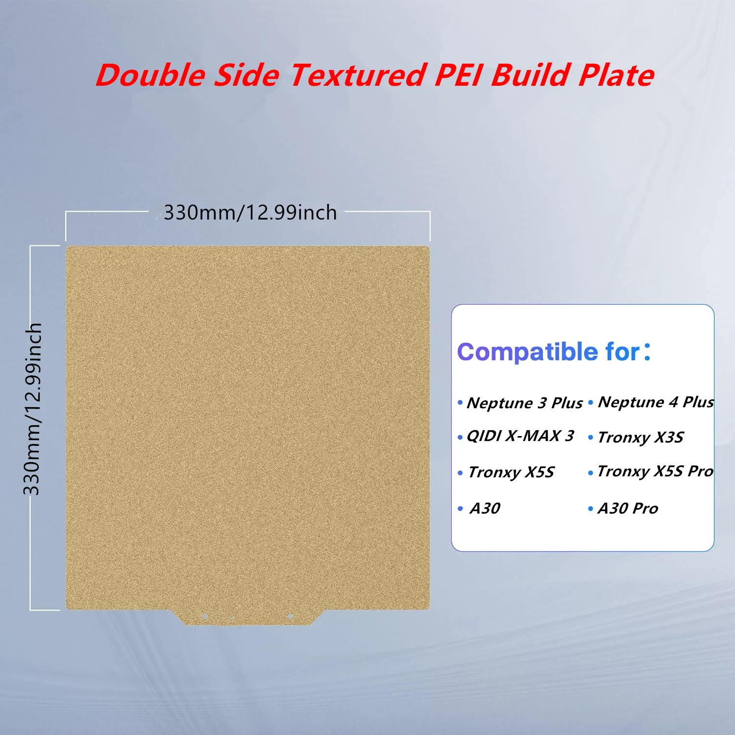 

330x330mm Double Side Textured PEI Build Plate Magnetic Print Bed for Elegoo Neptune 3 Plus/4 Plus,QIDI X-MAX 3,Tronxy X3S/X5S