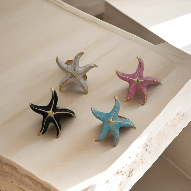 خاتم نجم البحر الفاخر الخفيف، خاتم مفتوح على شكل نجمة خماسية من الفولاذ المقاوم للصدأ للسيدات، خاتم إصبع السبابة غير المنتظم باللون الذهبي البسيط، Mar