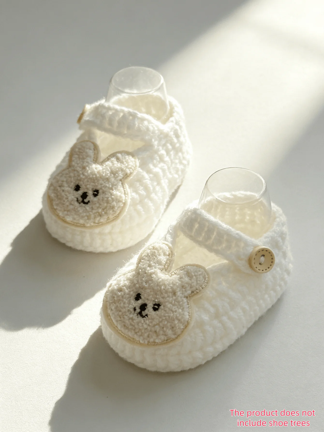 

1 Pair Knit Baby Booties with Cute Rabbit embroidery, White, Soft Crochet Infant Shoes with Button Strap