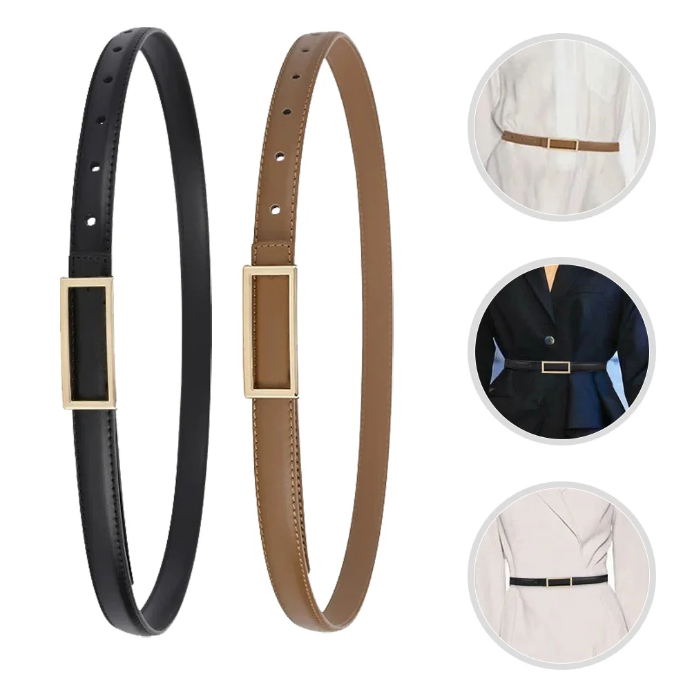 

2pcs Thin Pu For Women Waist Belt Adjustable Vintage Style Dress Casual Jeans Belt Metal Buckle Simple Elegant Design
