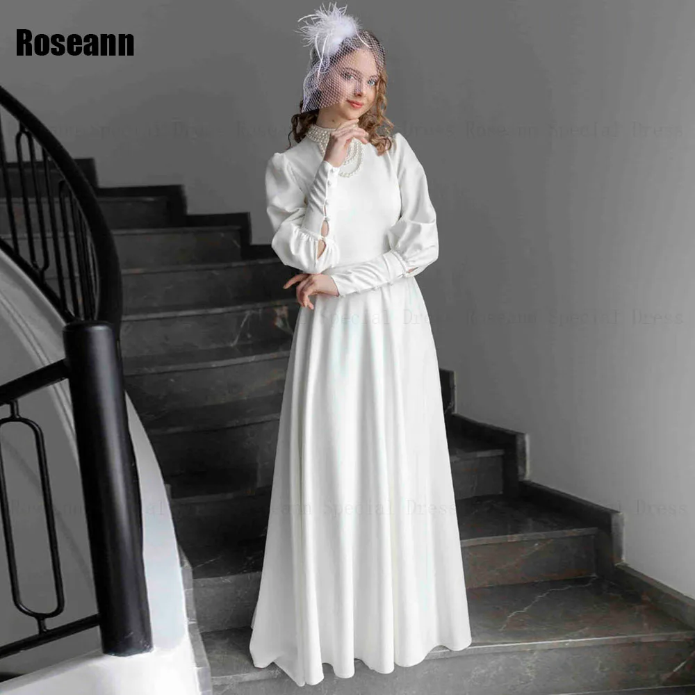 

Muslim High Quality A-line Wedding Dresses 2024 Button High Collar Pearls Draped Pleat Floor Length Bride Dress robe de mariée