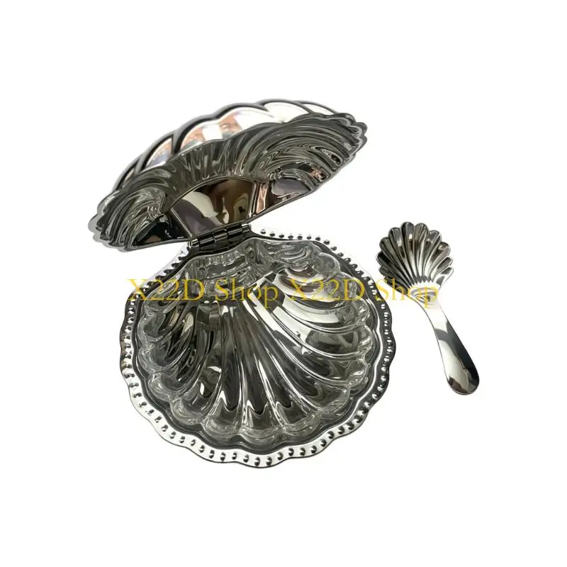 X22D 304 Metal Seafood Serving Dish, Scalloped Lidded Container with Matching Spoon for Condiment Table Display at Dining Event