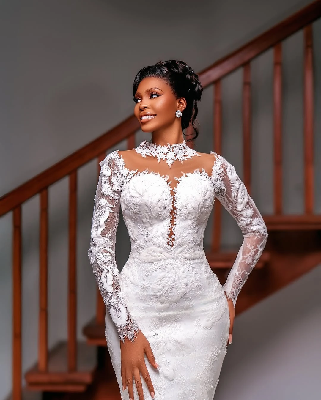 Robe De mariée sirène africaine personnalisée, col haut, avec des Appliques en dentelle, manches longues, Vintage