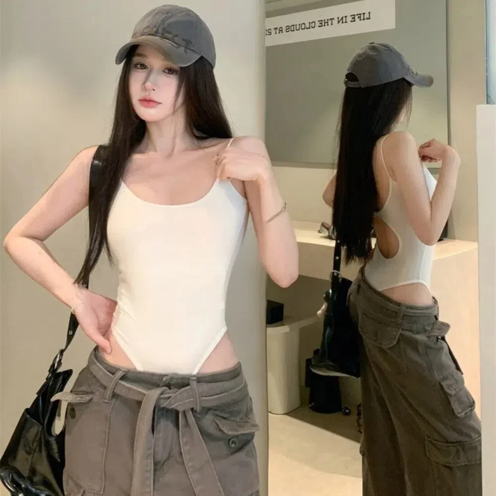 

Корейский Ins модный пикантный сексуальный боди для девочек, однотонный облегающий женский укороченный топ, нижнее белье без рукавов Y2K, бретелька на весну и лето