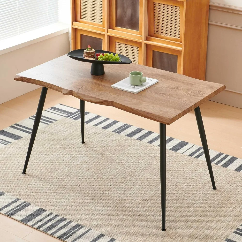 

47 in Modern Irregular Rectangle Faux Wood Grain Kitchen Dining Table for 4 Person, Metal Frame, Breakfast Table for Dining Room