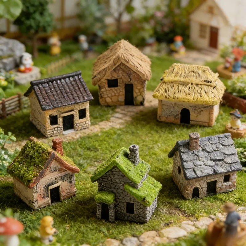 5pcs Resin Miniature Hand-Made House Set Outdoor Garden Bonsai Miniature Landscapes Collectible Small Scaled Structures