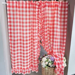 1 PCS Rod Pocket Classic Red Plaid Ruffle Short Curtain Sheer Voile For Kitchen Girls Bedroom Small Window Coffee Half-curtain