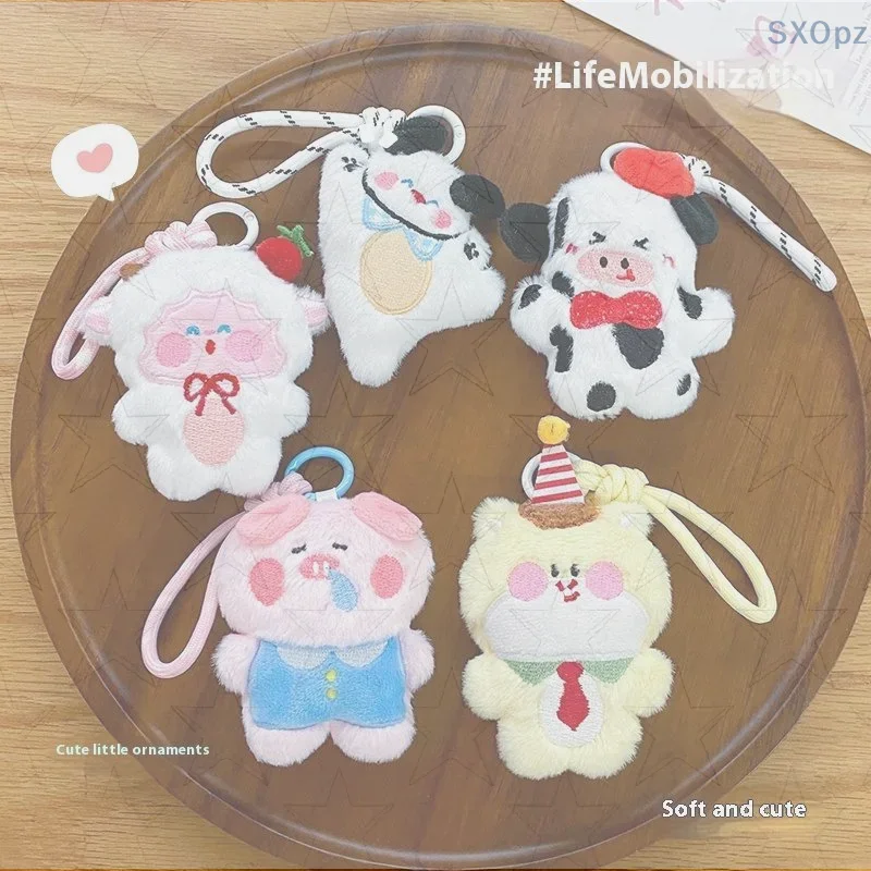 Lindo llavero de animales del zodiaco de peluche de dibujos animados, colgante, bolsa de almacenamiento para auriculares, monedero, mochila, Mini decoración de muñecos pequeños