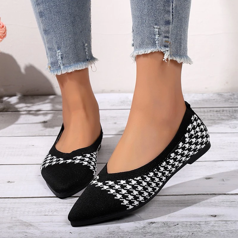 Elegant Houndstooth Knitted Ballet Flats Woman Point Toe Mesh Moccasins Ladies Big Size Leopard Loafers Soft Driving Shoes