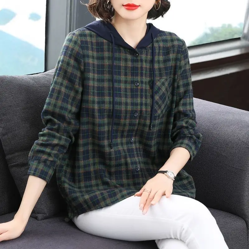 Printing Plaid Casual Fashion Simplicity Loose Buttons Lacing Drawstring Long Sleeve Hooded Sweatshirts Jackets Women's Clothing