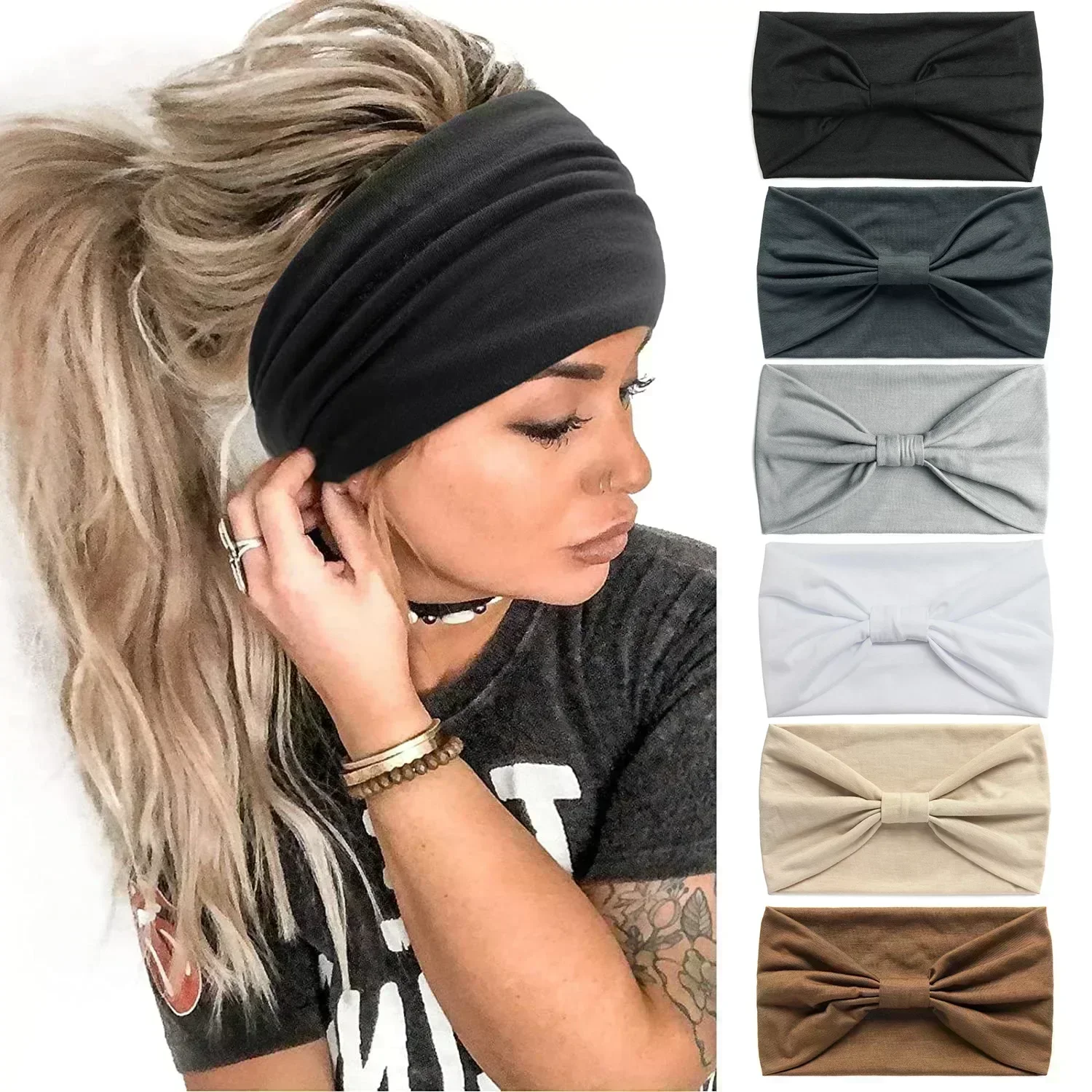 New Boho Solid Color Wide Headbands Vintage Knot Elastic Turban Headwrap for Women Girls Cotton Soft Bandana Accessories Hair