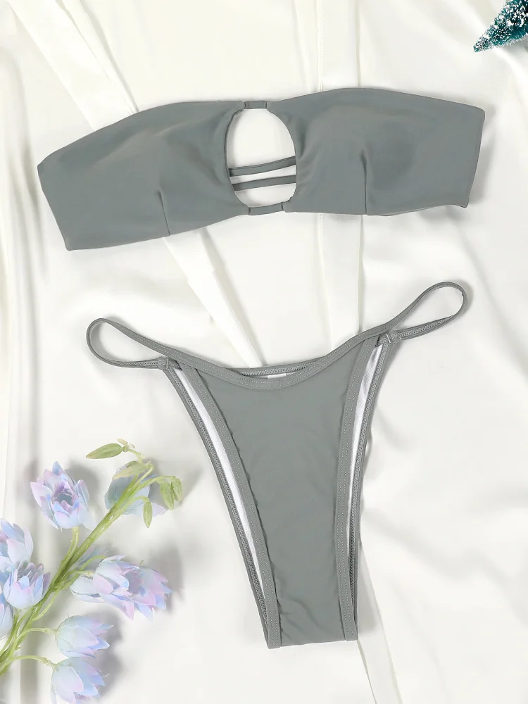 Kostium Bikini z wycięciami zestaw jednokolorowy strój kąpielowy dwuczęściowy Bikini strój kąpielowy na lato Mujer kostiumy kąpielowe brazylijskie