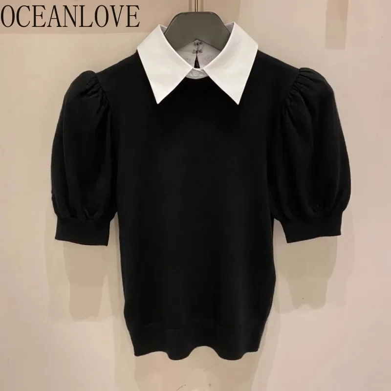 OCEANLOVE Fake 2 Pieces Knitted T Shirt for Women Puff Sleeve Korean Fashion Vintage Ropa De Mujer Spring Summer Short Tees