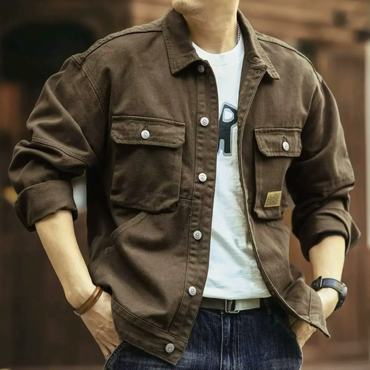 Trendy High-end Denim Jacket Long Sleeve For Men Casual Youth Fashion Working Style Jacket Thickened For Winter