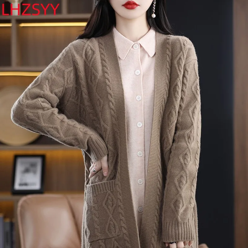 LHZSYY 100% Pure Wool Cashmere Coat Women\'s Jacket Warm Long Knit Cardigan 2023 Spring New Fashion Over-The-Knee Large Size coat