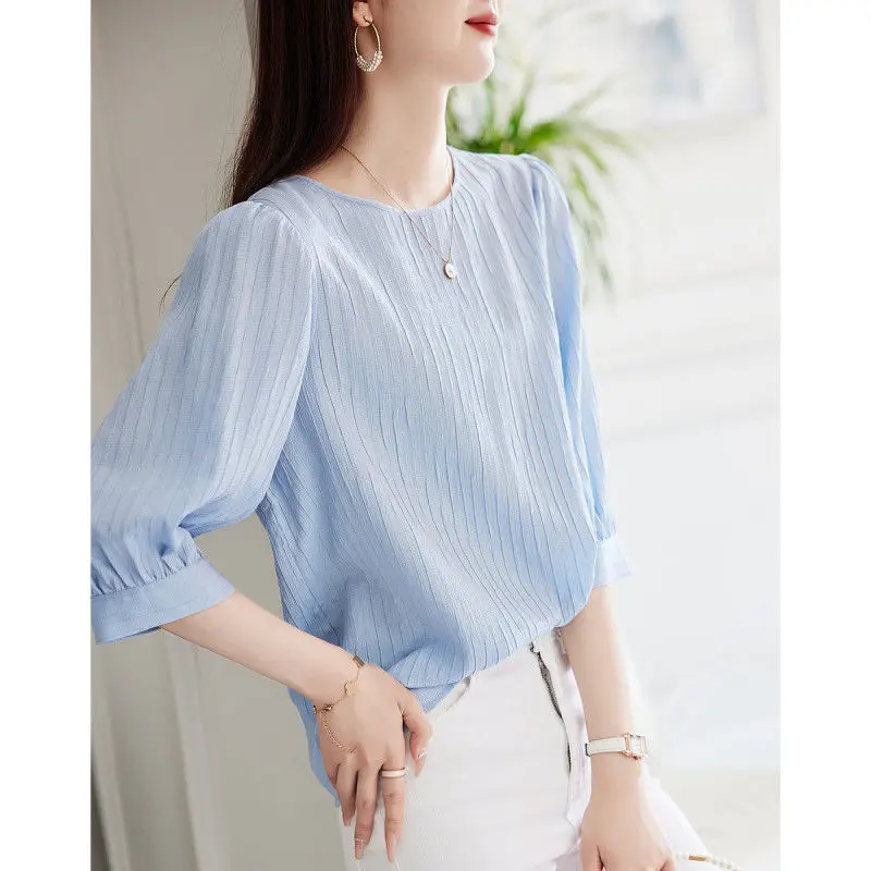 2023 Texture Button Chiffon Shirt Summer Crew Neck Azure Blue Chic Pullover Half Lantern Sleeve Pleated Fashion Women Blouses