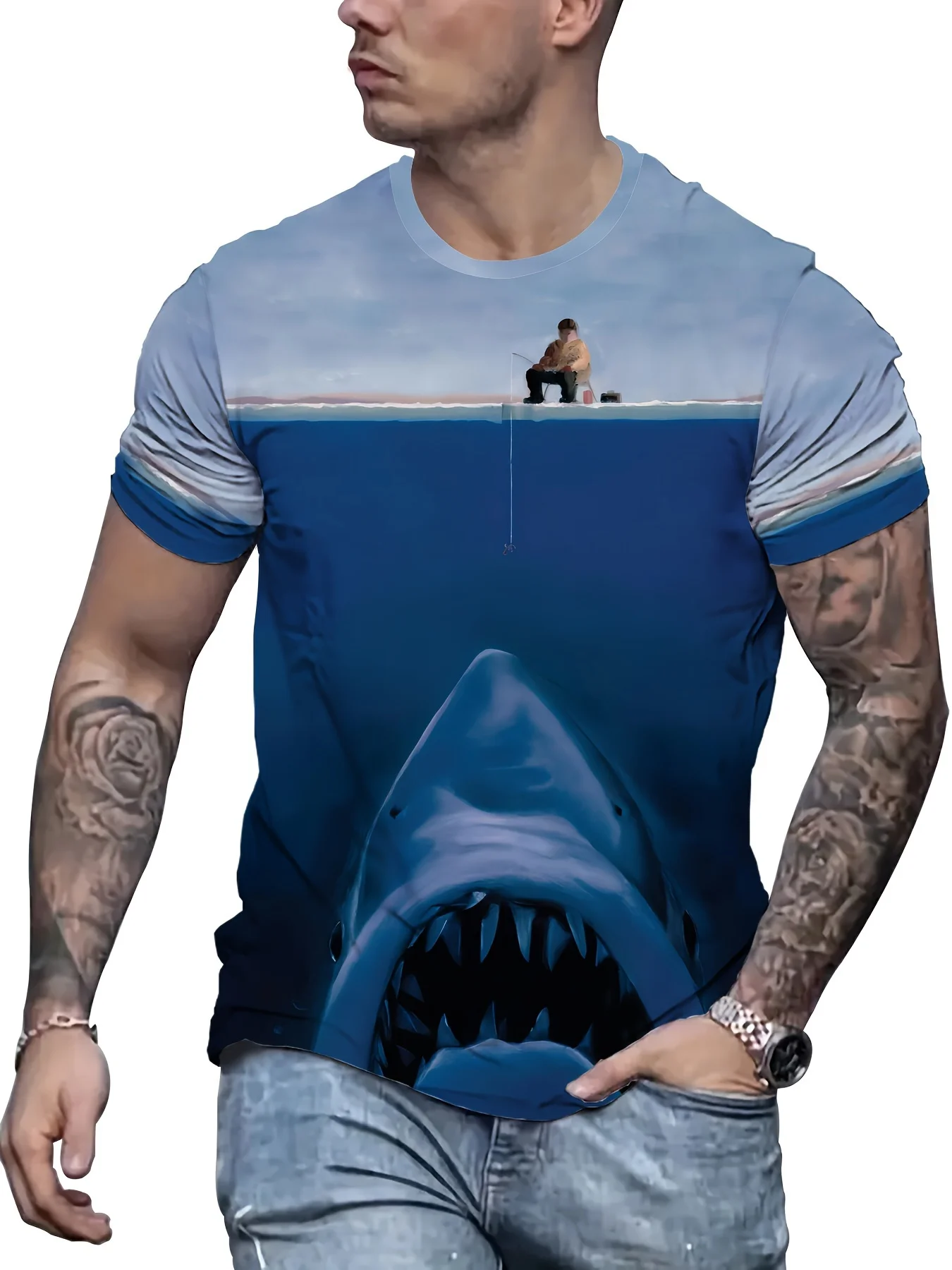 Plus Size Men's Shark Graphic Print T-shirt For Summer, Men's Clothing Soft Slight Stretch Polyester Fabric Casual Comfy Tees