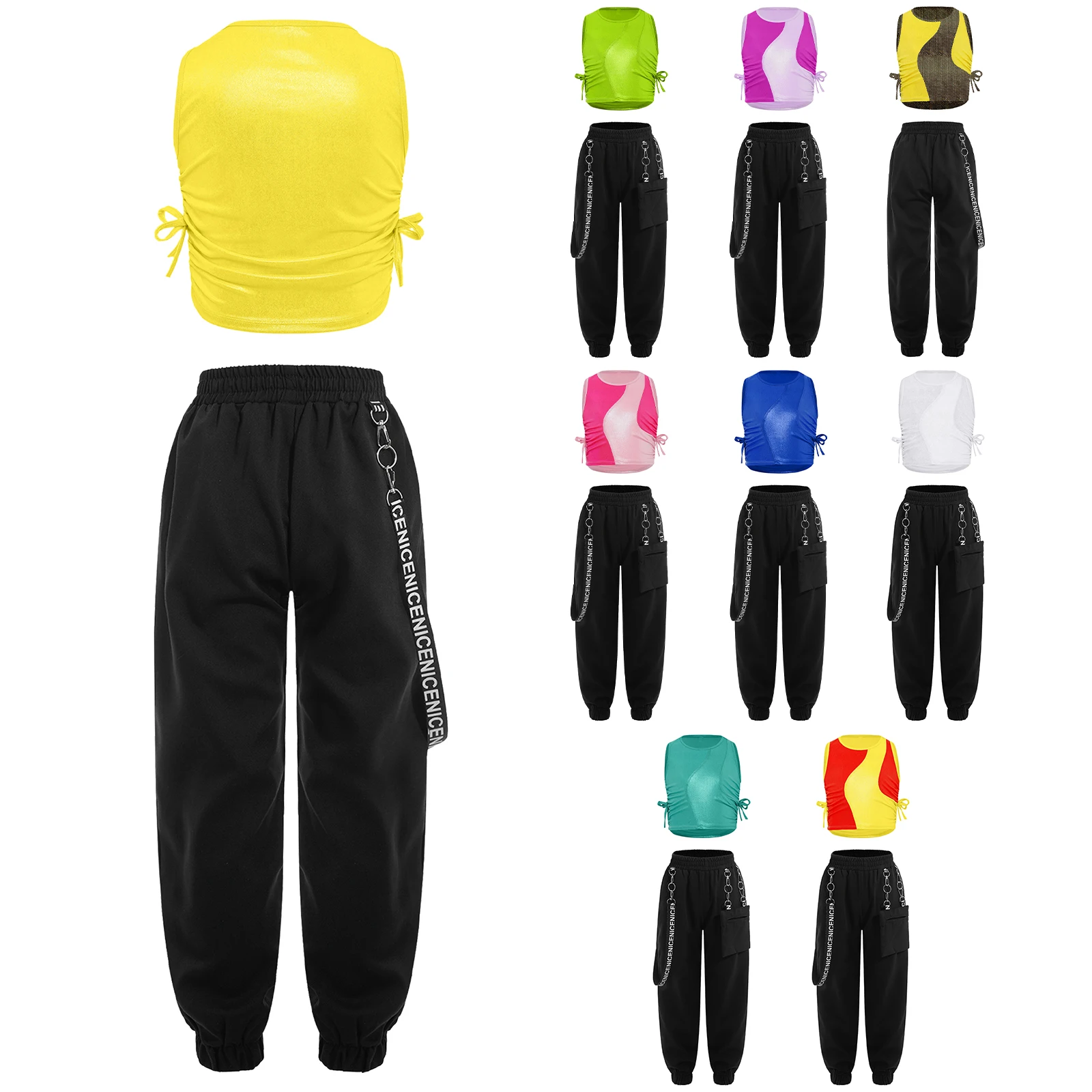 

‌2025 New Color Block ‌Kids Girls Bowknot Ruched Tank Top Set with Metal Chain Pants for Stage Performance Daily Wear Jazz Dance