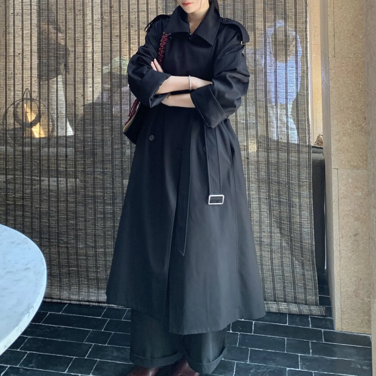 معطف KWTX نسائي طويل بحزام مزدوج الصدر وطية صدر السترة بلون سادة مصمم أنيق عتيق وصل حديثًا لخريف وشتاء 2025 #3