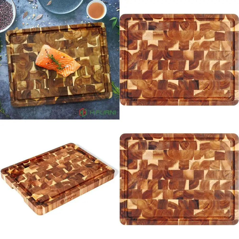 

Acacia Wood End Grain Cutting Board, 17x13x1.5, with Handles and Juice Groove - Durable Kitchen Tool for Meat, Cheese & Charcute