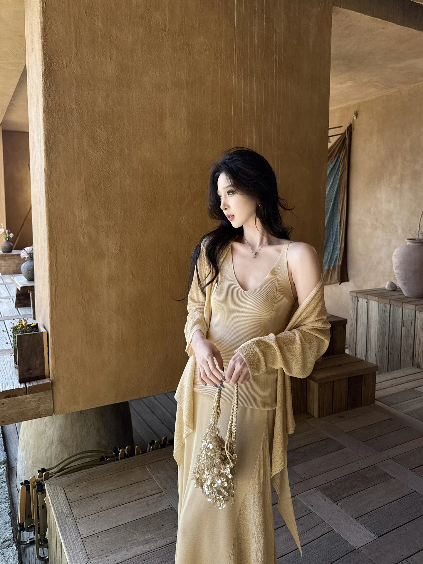 

by Onion Knitted Open Cardigan And Strap Two-Piece Set Casual Loose Fit Long Sve V-Ne Mid-Length Spring Faion for Women