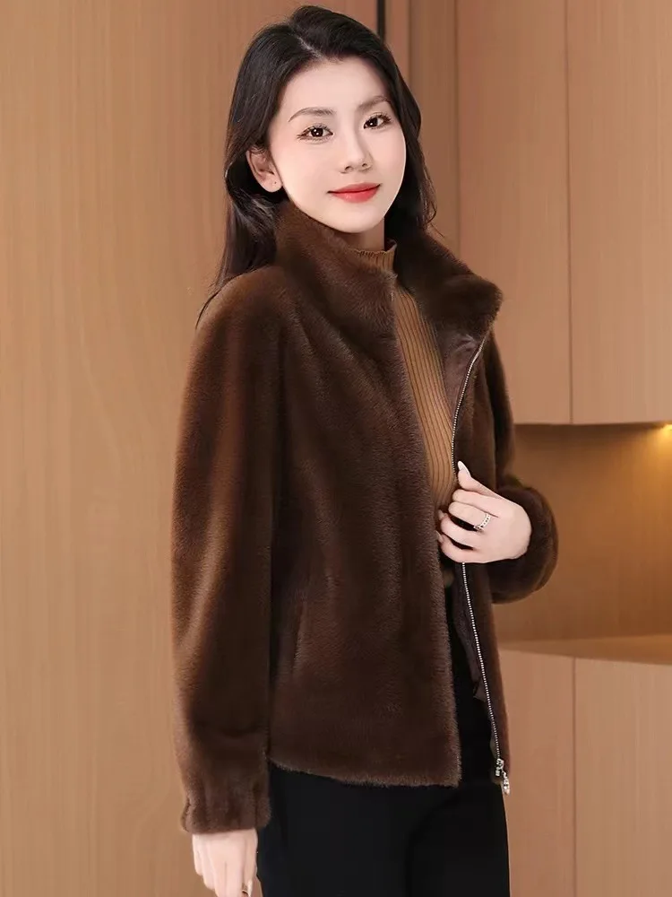 Damesjas van imitatiebont Dames Ochtendgestreept Ceremonievriendelijk Warm Veelzijdig Gewatteerd Lange mouwen Winddicht Gebreid Glanzend