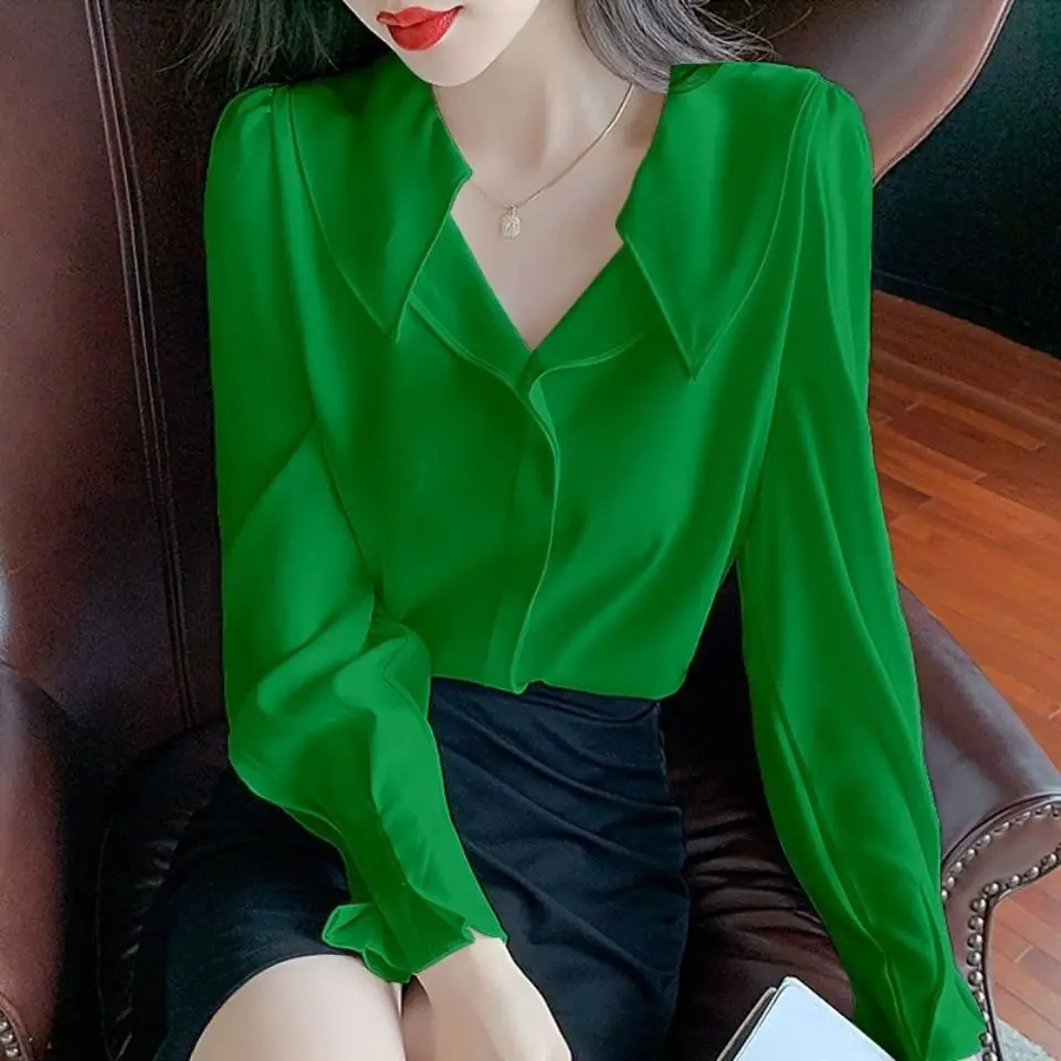 Temperament Chiffon Blouse Spring Autumn Fashion Ruffles V-neck Long Sleeve Women\'s Shirt Simplicity Pullover Turn-down Collar