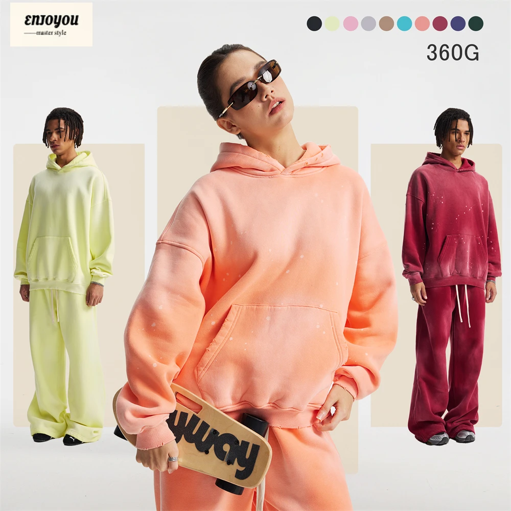 

ENJOYOU модные мужские потертые флисовые толстовки с капюшоном на 360 г/м2, унисекс, большие теплые пуловеры с капюшоном и краской, зимнее пальто HY0947