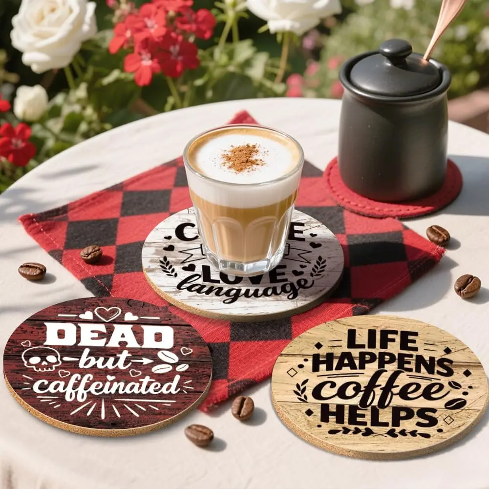 9pcs Natason Series Humorous Pattern 2D Wooden Coasters Bright Colors Rustic Style Coffee Tables  Bar Decor Moving House Gift