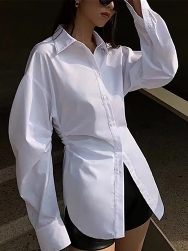 

Lapel 2024 Autumn/winter Double Pleated Long Sleeve Loose Shirt Women's Single Breasted Casual Versatile Medium Length Top QH5B