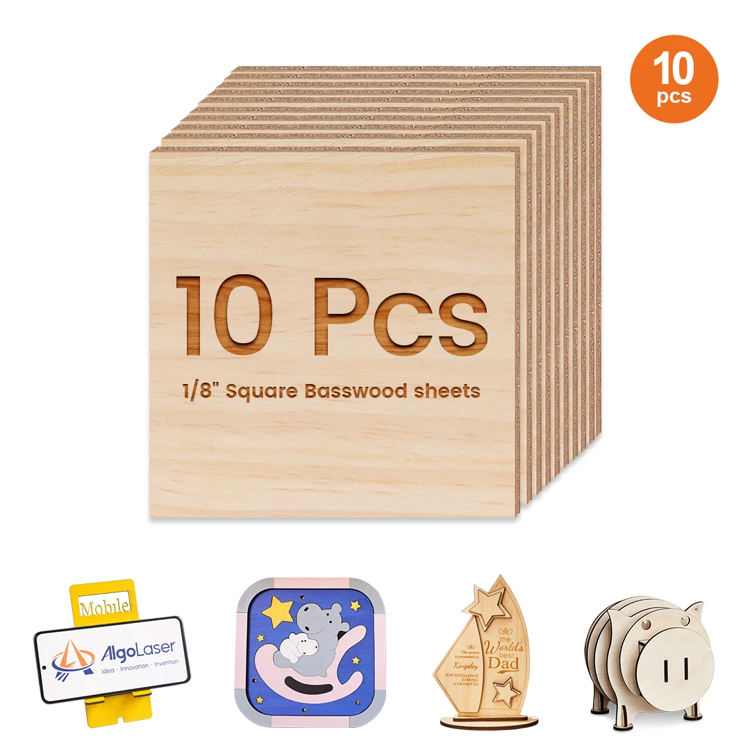 10 Pcs 3mm 100×100mm Unfinished Basswood Plywood Sheets Blank Square Wood Boards for Laser Engraving Cutting DIY Handmade Crafts
