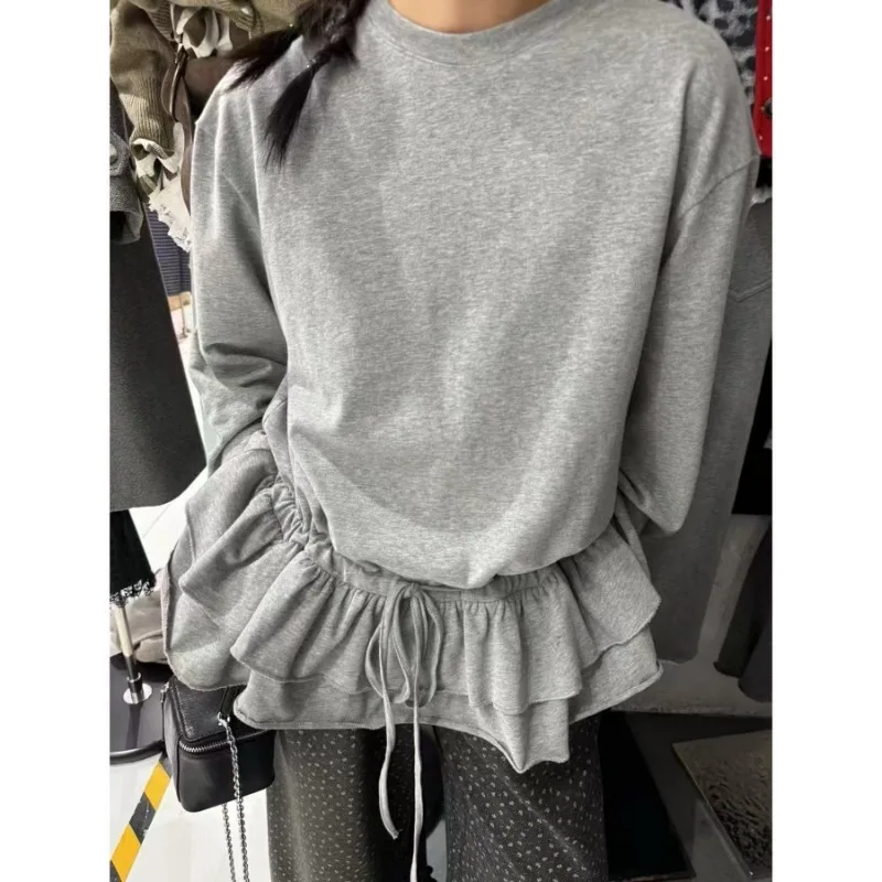 

Deeptown Basic Gray Ruffles Knitwear Women Drawstring Long Sleeve Korean Fashion Pullovers Loose Solid Color Casual Autumn New