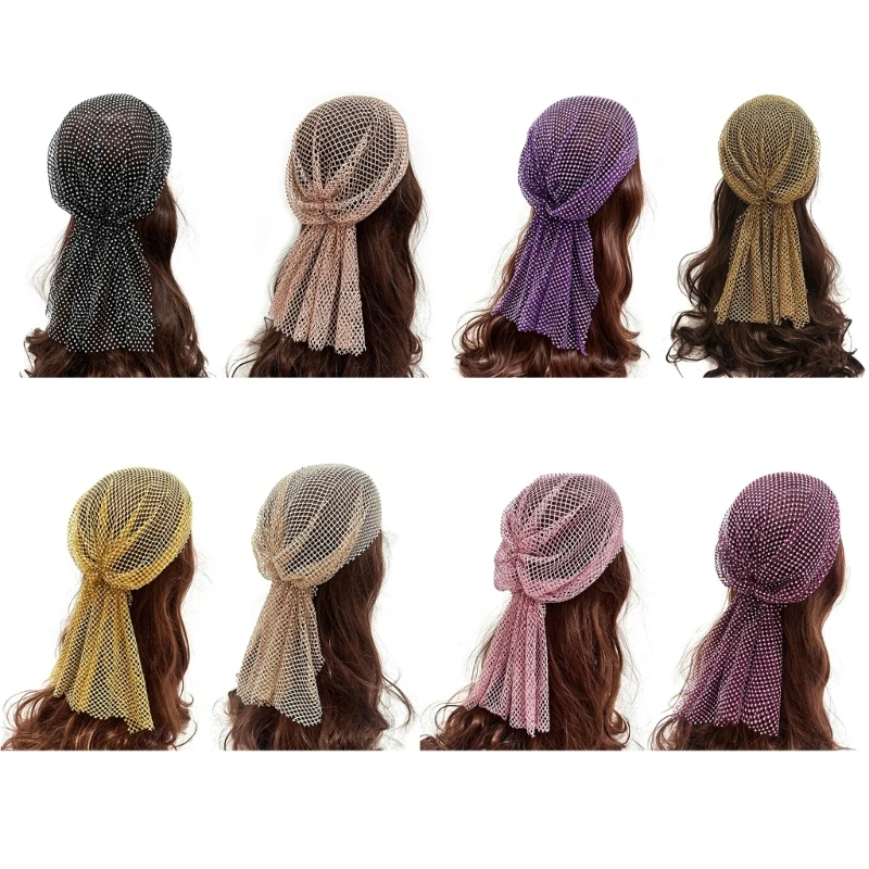 2026 New Sparkly Mesh Head Wrap with Shimmering Decoration, Open Construction, and Flowing Tails for Music Festivals and Parties
