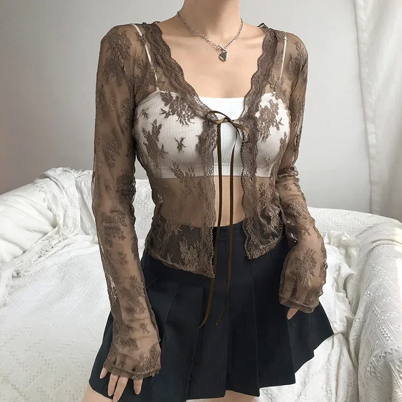 Fashion Streetwear Mesh Slim T-shirt Y2k Emo Hollow Out Lace-up Solid Color Casual Tee Elegant Long Sleeves See Through Crop Top