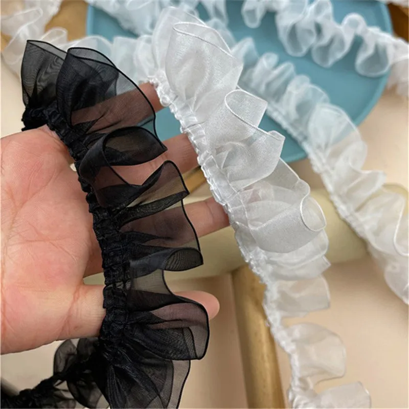 4CM Wide White Black Tulle Organza 3d Pleated Lace Fabric Needlework Ribbon Edge Ruffle Trim Cloth Skirt Cuffs Sewing DIY Crafts