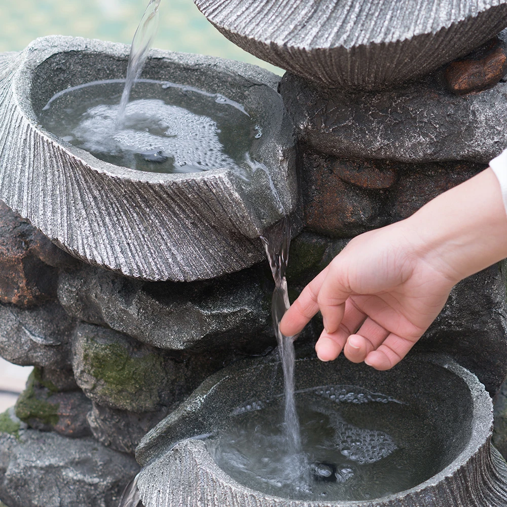 Fuente de agua de piedra para interiores y exteriores de 19x15x31,5 pulgadas, fuente independiente de cuenco de roca en cascada de poliresina de 4 niveles con luz LED