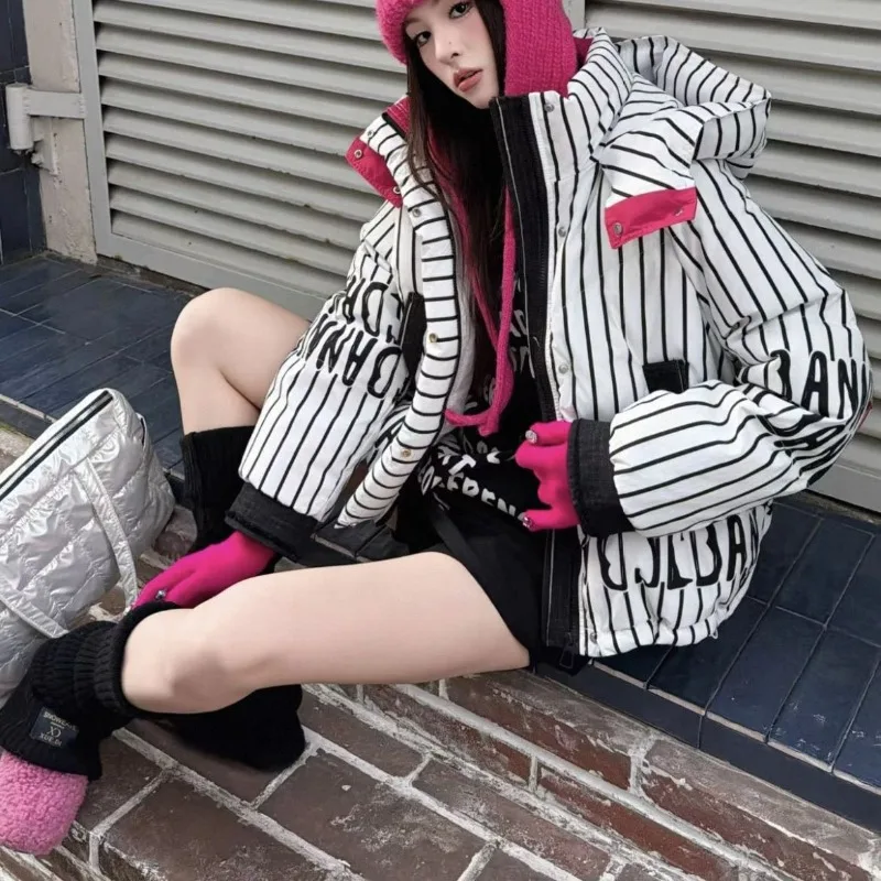 Winter Contrasting Colors New Short Loose Small Warm Cotton-padded Jacket with Exquisite Stripes Simple Casual Trend and Fashion