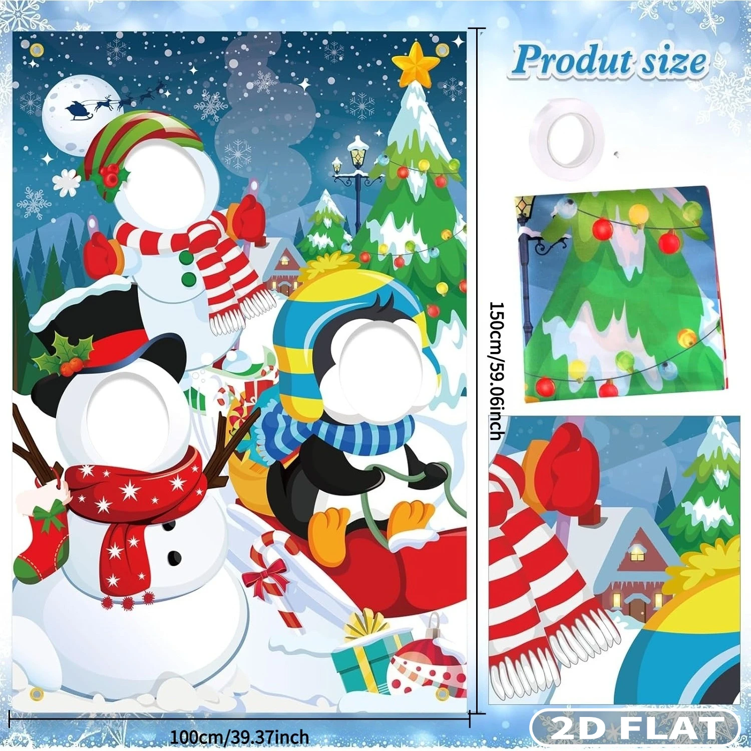 1pc Snowman Penguin Party Banner, Christmas Face in Hole Photo Door Cover, 39x59 Inch