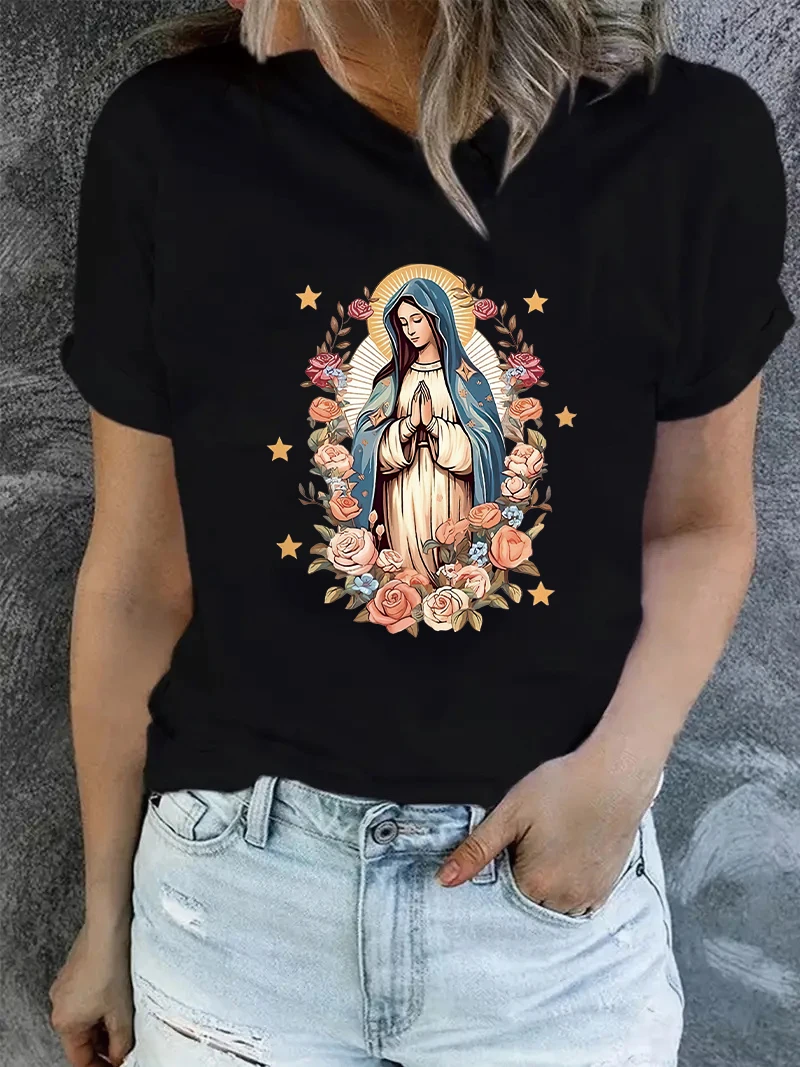 2024Virgin Mary Pattern Crewneck Graphic T-Shirt Women Cute Shirt Summer Fashion Harajuku Casual O-Neck Short Sleeves