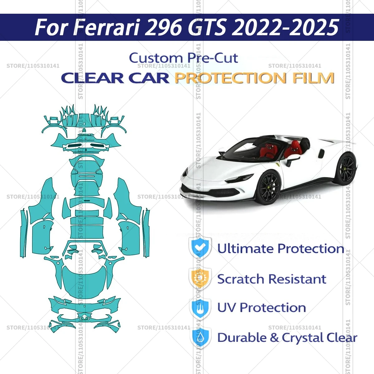 

Защитная пленка PPF для Ferrari-296-GTS-2022-2025, предварительно вырезанная, прозрачная, профессиональная автомобильная пленка для полной оклейки кузова
