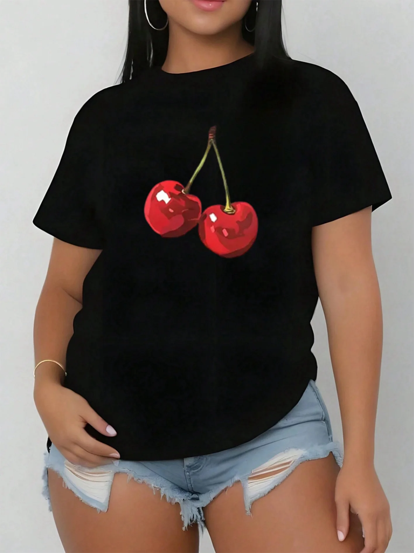 

Women's Black Cherry Print Short Sleeve Crew Neck T-Shirt Casual Summer Top Classic Cherry Design for Attire Cherry T-shirt