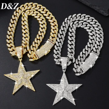 Hip Pop Shining Big Star Necklace with Cuban Chain for Men Women Fashion Iced Out CZ Stones Paved Charm Rock Jewelry Gift