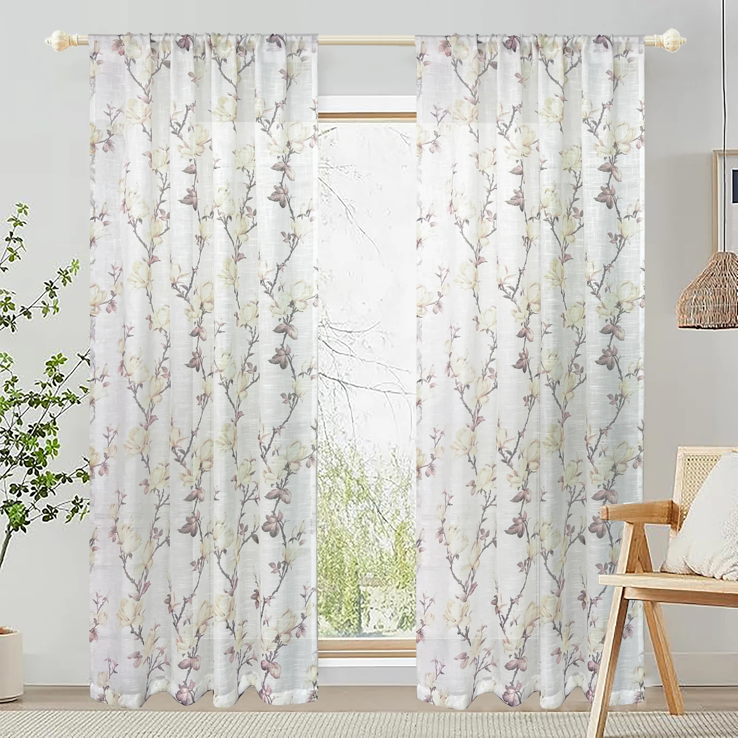 Flower Twig Pattern Semi Sheer Curtains Light Filtering Textured Window Drapes for Living Room, Bedroom, Dining Room Window