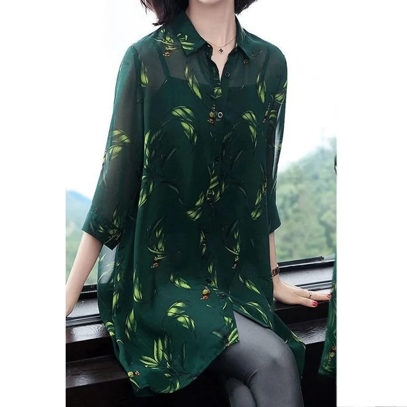 Women\'s Clothing Fashion Casual Polo-Neck Printed Shirt Summer Thin Single-breasted Loose 3/4 Sleeve Chiffon Blouse for Female