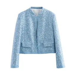 Tangada 2024 Women Blue Beading Crop Suit Coat Long Sleeve Pockets Office Lady Blazer QD048