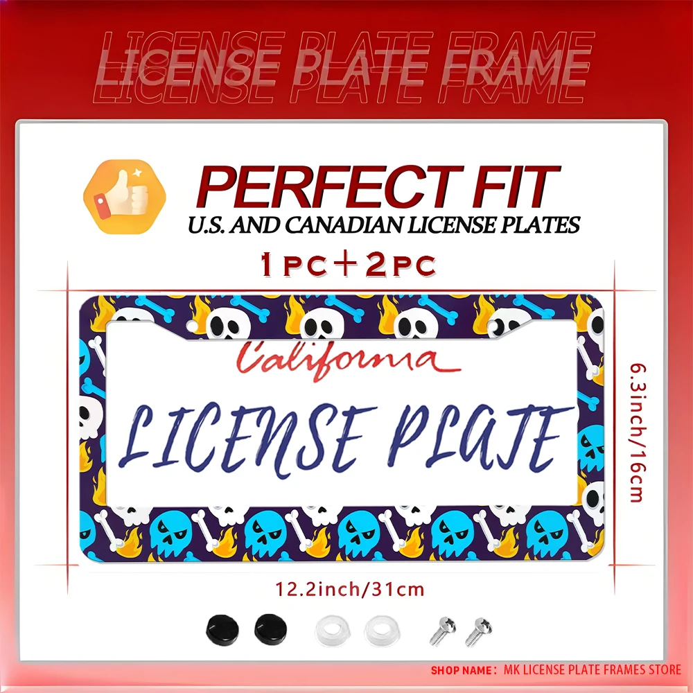 

Cartoon - themed License Plate Frame with Skulls, Bones and Flames Print,2 - Hole Design, Auto Decoration Gift, 6x12 In